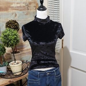 A New Day Womens XS  Black Velvet Mock Neck Short Sleeve Top, Bodycon